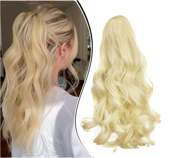 Хвост, волнистые, вьющиеся светлые синтетические волосы, 60 см